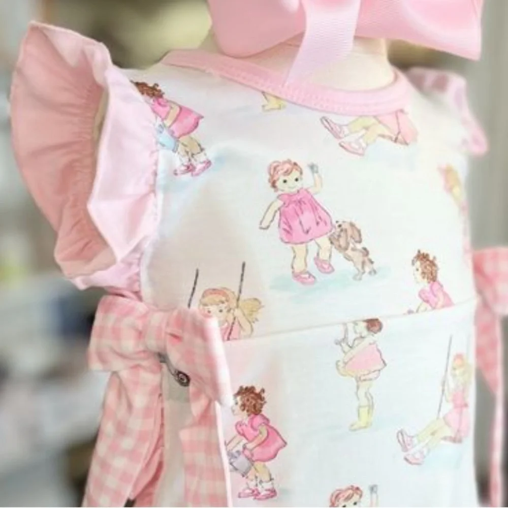 Luxury Pink Gingham Side Tie Bloomer Set Romper Playful Doll Print Play Date